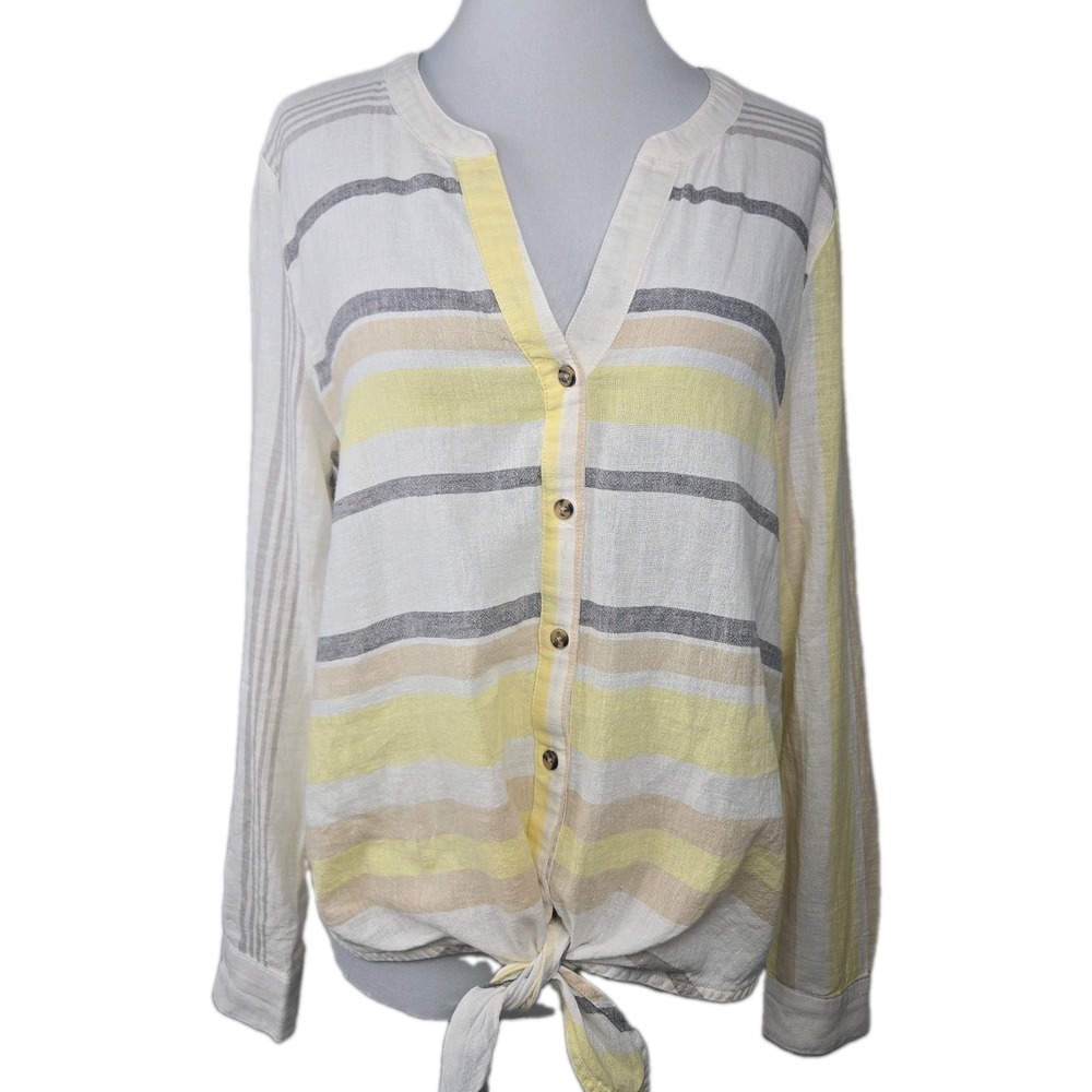 Marled Essentials Medium Button Tie Front Striped Linen Cotton Tab Sleeve Top